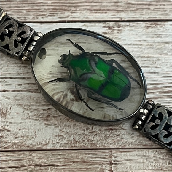 Vintage Jewelry - Vintage Green Beetle Silver Bracelet